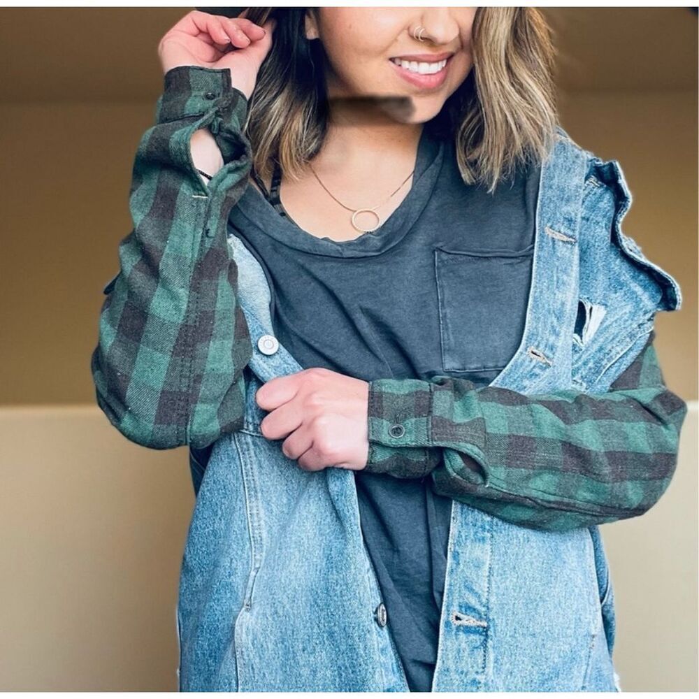 Bridge by Gly distressed S checked sleeve normcore jean jacket